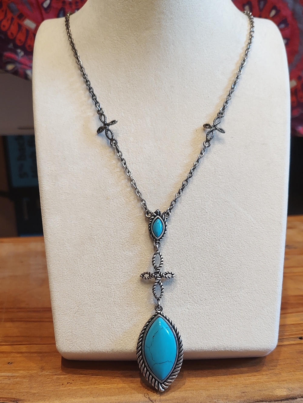 Rock 47 Wrangler Brand Turquoise And Cross Silver Tone Pendant Necklace